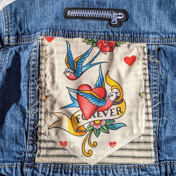Tattoo Flash Forever Custom Made Denim Jean Jacket in Blue and Cream Size 6 - Picture 6 of 9